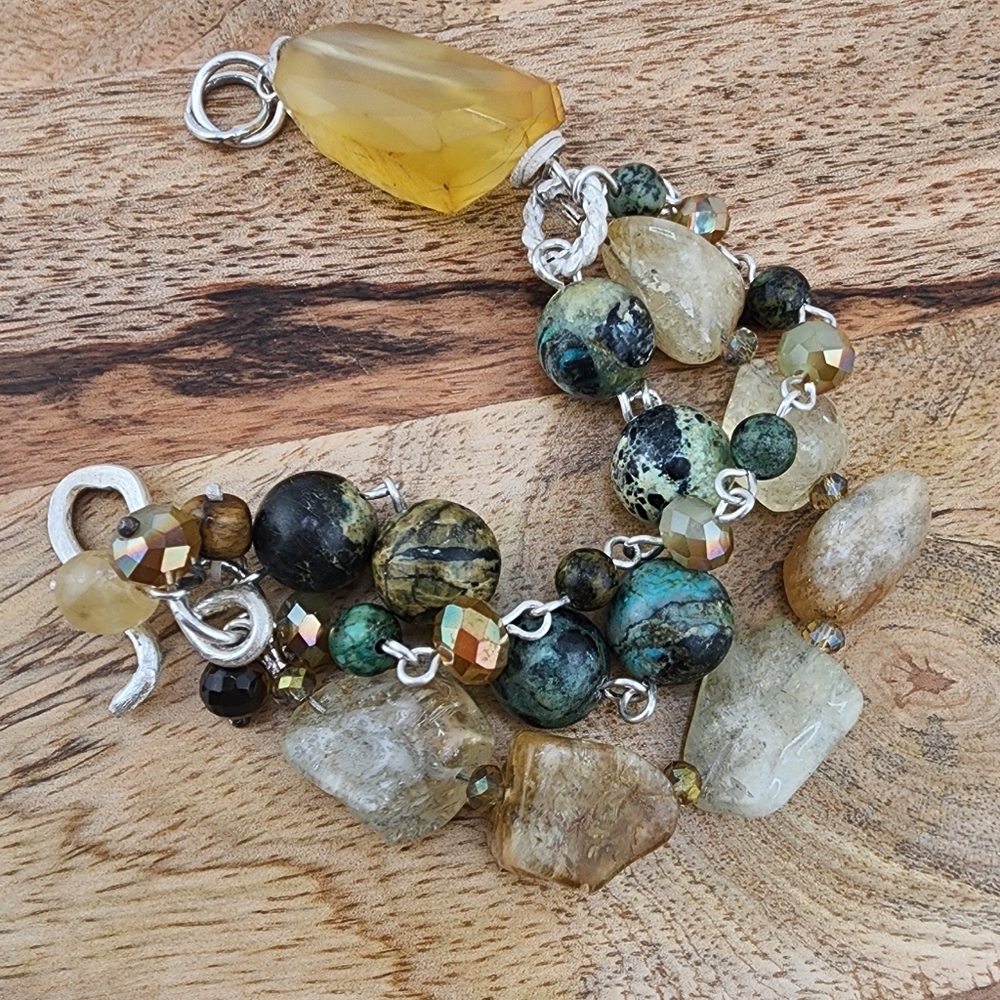 RAW CITRINE, AFRICAN TURQUOISE & CRYSTAL DANGLING HANDMADE BRACELET STERLING 6.5 - Picture 3 of 14